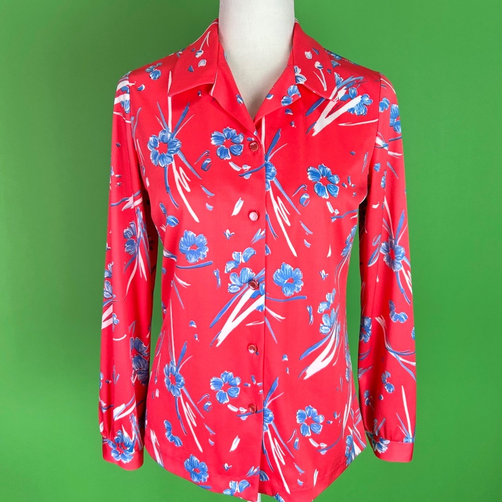 Vintage 70s Coral Floral Print Button Up Blouse Disco Shirt - Size Medium